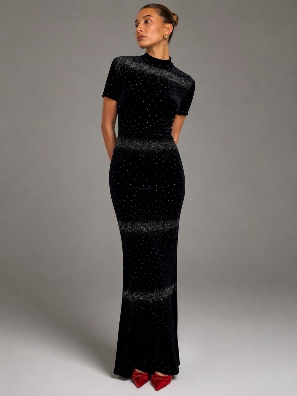 Vintage Jessica Howard Black Velvet Rhinestone Maxi Dress Mock Neck Size 10i